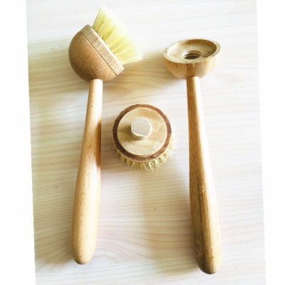 Replacement Bamboo Round Mini Sisal Scrub Brush Stiff Bristles Scrubber Wash Dishes, Pots, Pans, Vegetables Brush for Kitchen