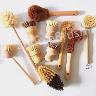 high quality pot scourer natural beech wood brush silicone dish cleaning sisal and coconut wash brushes